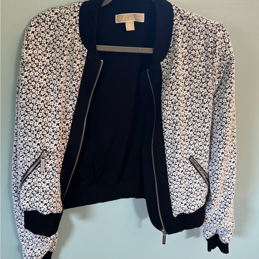 Michael Kors Black and White Floral Bomber Jacket